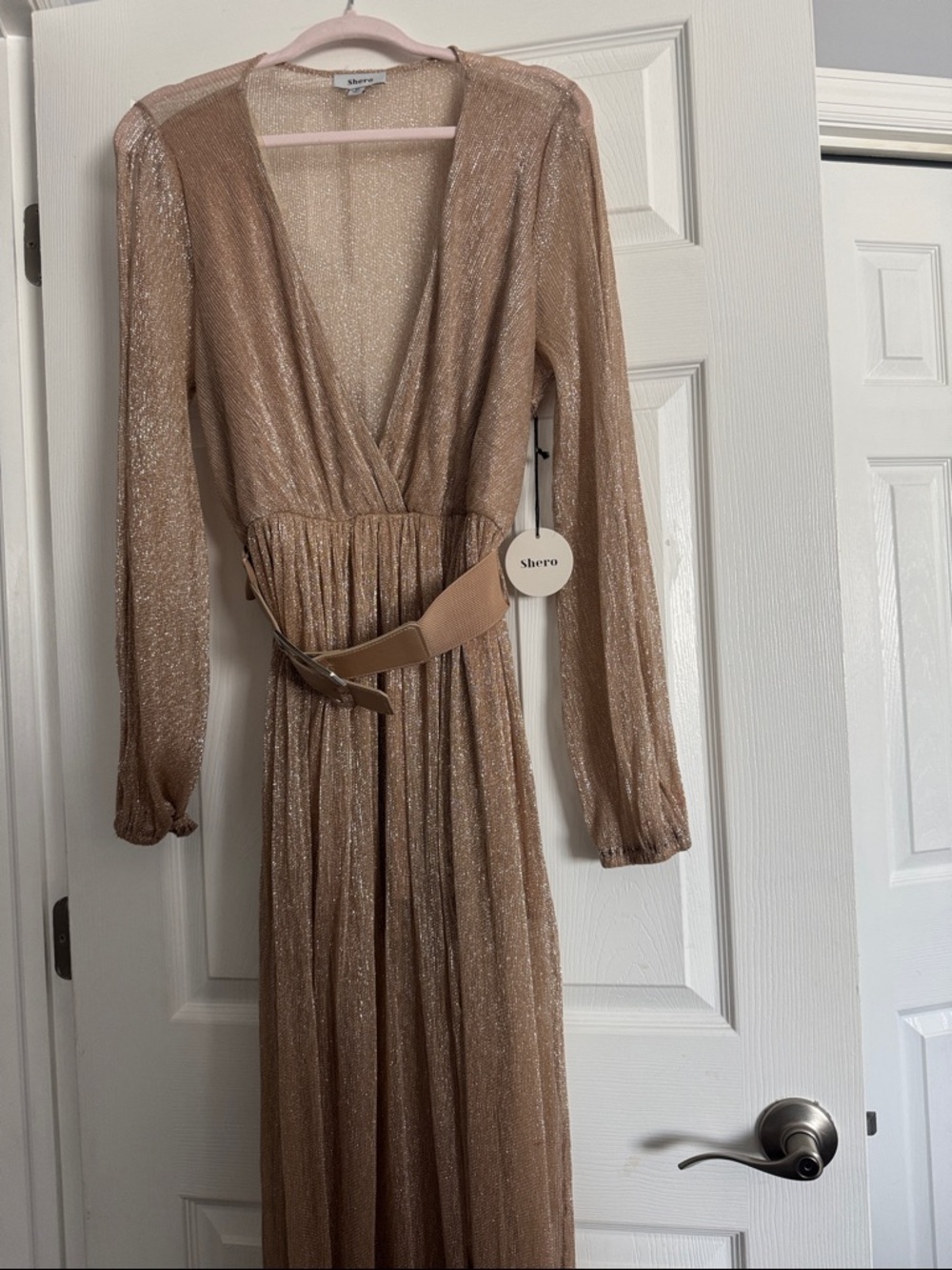 Long Sleeve Metallic Wrap Maxi Dress in Shimmering Beige